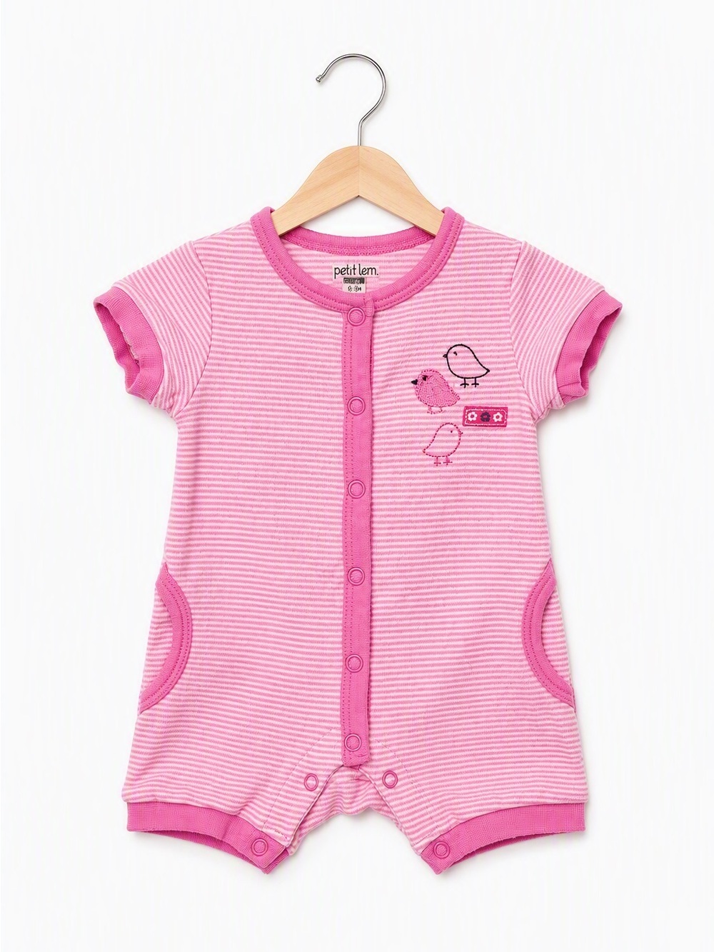 Petit Lem Pink Micro-Stripe Embroidered Bird Romper Sunsuit NB Summer Floral